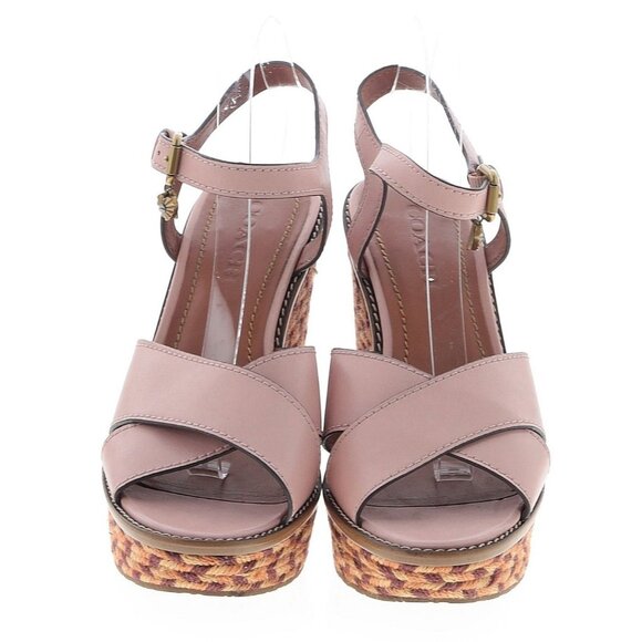Coach Blush Leather Tan Cross Band High Wedge Espadrilles Sandals Sz 10B - Picture 2 of 2